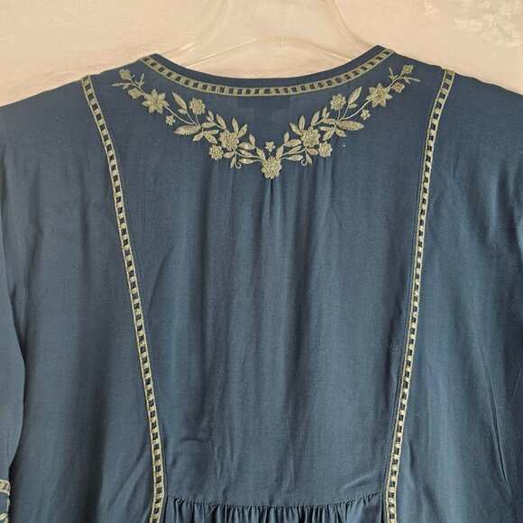 J. Jill Women Blue Tunic Top Floral Embroidery Boho Peasant Tall L Blouse - Picture 9 of 13